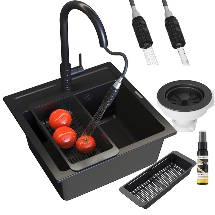 Pachet Chiuveta, Granitan, Malmo, Negru, Set Cu Baterie De Bucatarie Snake Pro, Sifon Negru Cu O Camera, Cos Pliabil Pentru Chiuveta, Impregnant Graniprotect