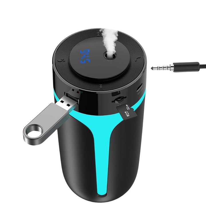 IdealTI Bluetooth autós párásító – zenelejátszás és tiszta levegő, FM, USB, AUX, MP3, környezeti fény, aromaterápia