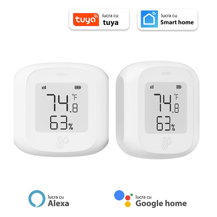 Mini Senzor de temperatura inteligent si umiditate, Tuya WiFi Monitorul termometru cu ecran LCD de interior, Functioneaza cu Alexa Google Assistant