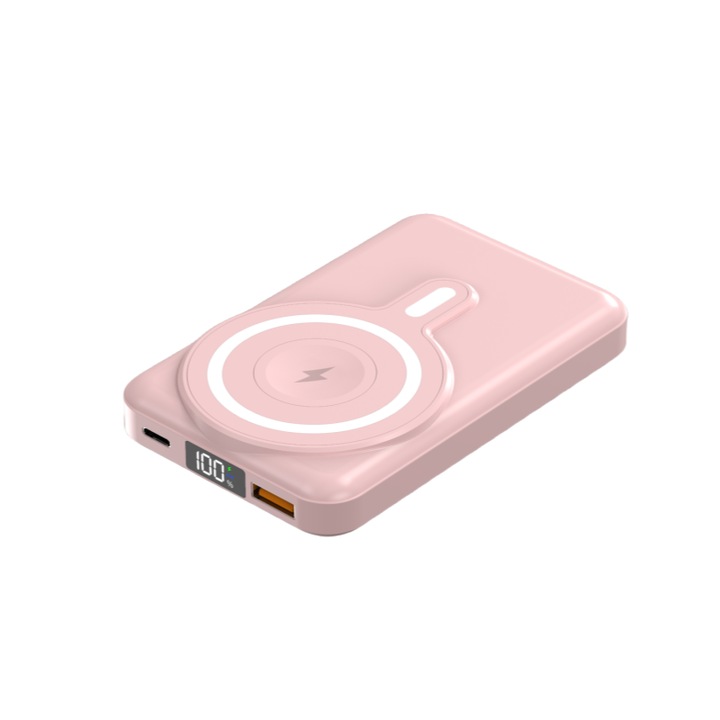 Външна батерия 2 в 1, Power Bank 10000 mAh със сгъваема стойка, съвместима с MagSafe за Iphone и Apple Watch, бързо зареждане, USB, USB-C, Lightning, розова
