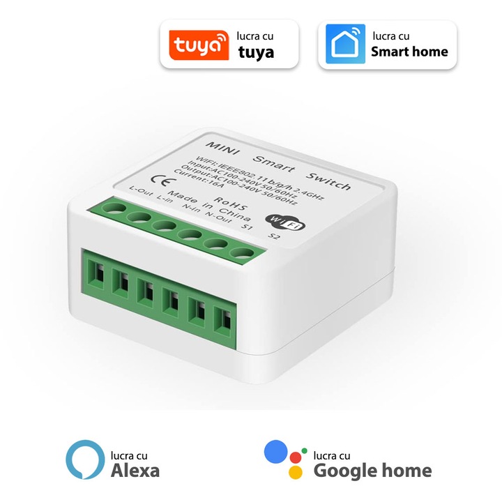 Суич WIFI, Смарт, Smart Life/Tuya приложение, с функция за програмиране и време, съвместимо с Alexa/Google Home/Tmall Genie, 16A, Бял