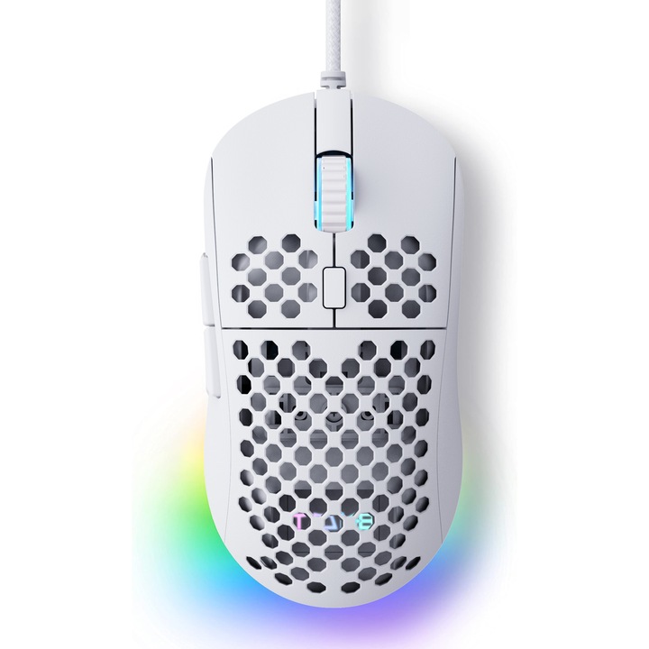 Mouse Gaming M1SE Dierya Carcasa ultrausoara de tip fagure, senzor optic de inalta precizie 12800DPI, 6 butoane programabile, RGB personalizabil, Paracord fara tragere, ergonomic, cu fir - alb mat