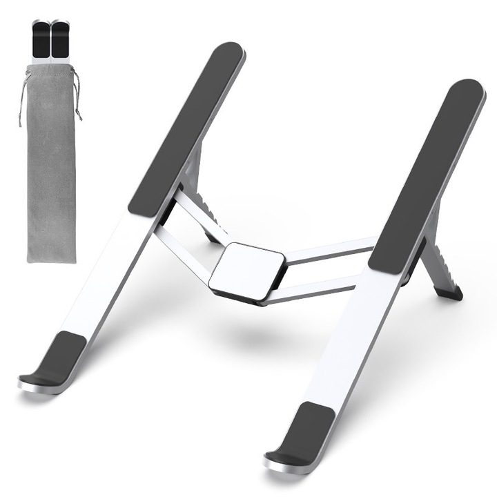 Laptop állvány, iNext, 6 magassági lehetőség, speciális kialakítás rugóval a sima beállításért, csúszásmentes, masszív, hordozható, tömör alumíniumból készült, ergonomikus, szellőző, 7-17 hüvelykes laptopokhoz és táblagépekhez alkalmas, ezüst