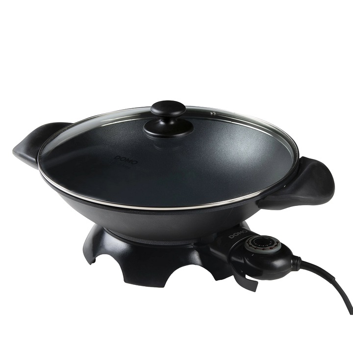 Tigaie electrica Wok DOMO, Ø 35.5 cm, volum 5 litri, 7 trepte putere, suprafata anti-aderenta, material aluminiu, capac din sticla inclus, 2200 W, negru