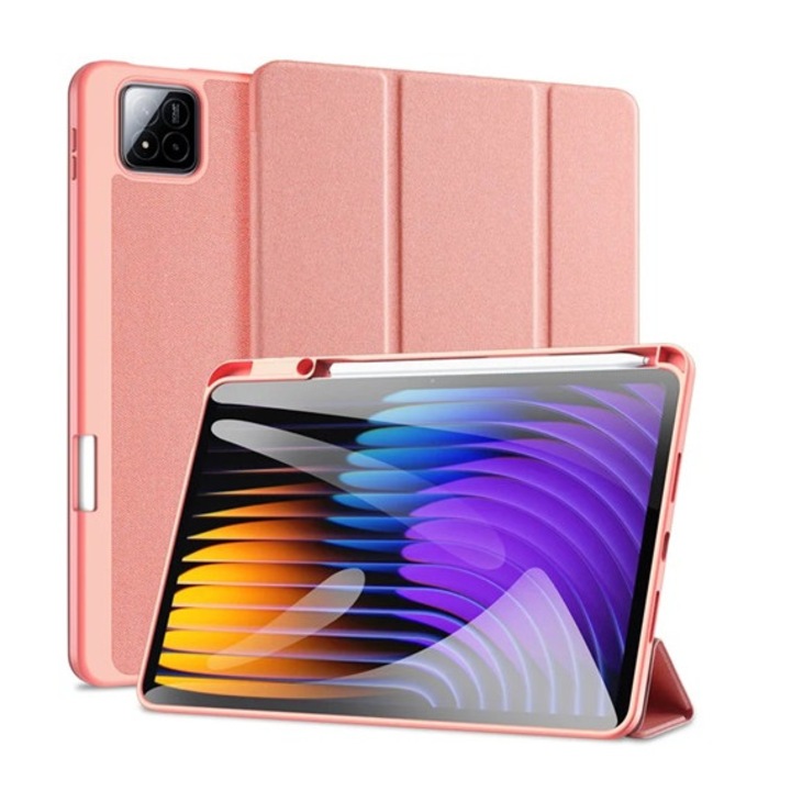 Dux ducis domo tabletvédő álló, bőr hatású, aktív flip, oldalra nyíló, trifold, asztali tartó, ceruza tartó, rózsaszín, kompatibilis: Xiaomi Pad 7 Pro / Pad 7