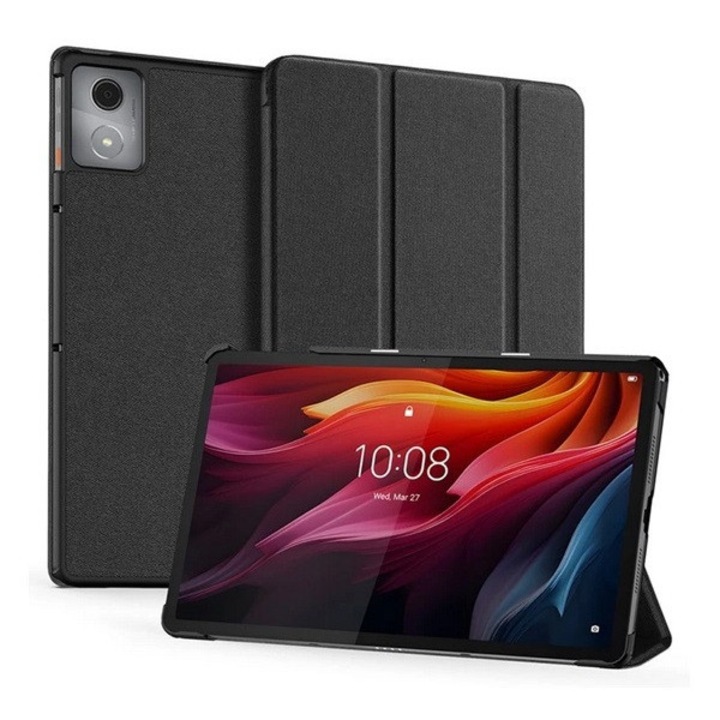 Husa pentru tableta Dux ducis domo, cu suport vertical, efect piele, clapa activa, deschidere laterala, tripla, suport de birou, model textil, neagra, compatibila cu: Lenovo Tab K11 Plus, TB352