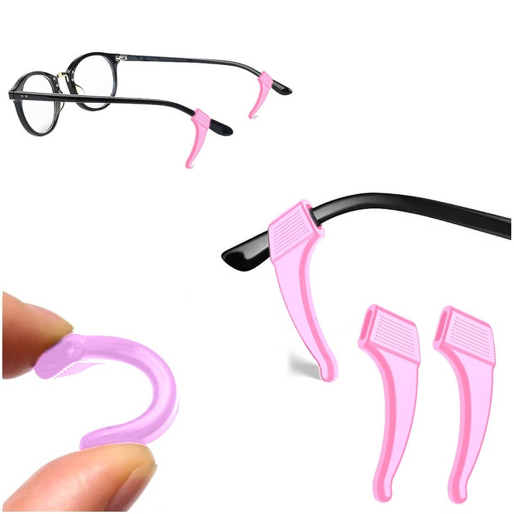 Stopere siliconice antiderapante pentru ochelari, stylion, roz, set 2 bucati, dimensiune 6x12mm