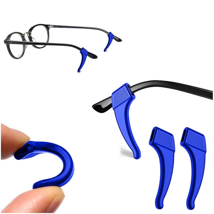 Suporturi premium din silicon antiderapante Stylion pentru tample ochelari de vedere si soare, fixatoare ergonomice si confortabile, anti-alunecare, potrivire universala 6-12mm, durabile si sigure pentru piele, set 2 bucati, culoare albastr