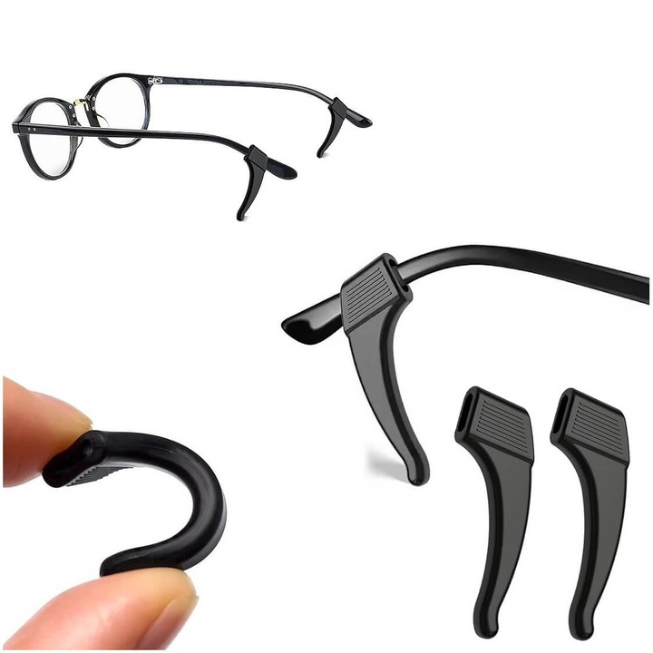 Stopere siliconice antiderapante pentru ochelari, stylion, set 2 bucati, negru, pentru brate de 6x12mm