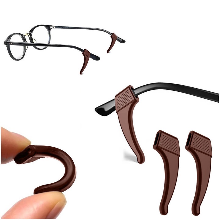 Stopere siliconice antiderapante pentru ochelari, stylion, 2 bucati, maro, 6x12mm