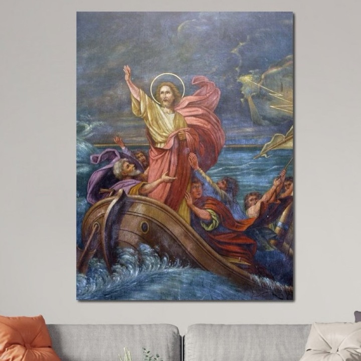 Премиум картина върху платно, LuxCanva® H1022 Спасителят на водите, 100 X 135 CM, 100% памучно платно 400g/m2, дървена рамка, вълни, Исус, буря, водач, спасяване, победа, молитва, вяра, хол, спалня