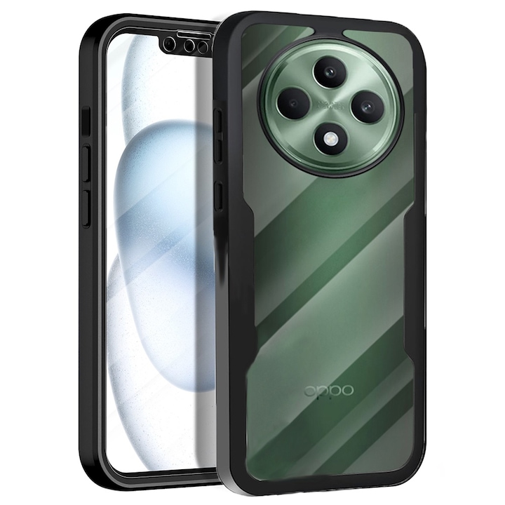 360 fokos tok kompatibilis az Oppo Reno 12 F 4G / Reno 12 F 5G / Reno 12 FS készülékekkel, Kijelzővédő fóliával, Ütésálló, Sárgásgátló, Karcmentes, Tartós, 3 mm-es megemelt élek, Fekete/Átlátszó
