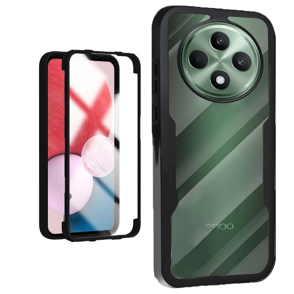 Husa 360 grade compatibila cu Oppo Reno 12 F 4G / Reno 12 F 5G / Reno 12 FS, Cu protector de ecran inclus, Rezistenta la socuri, Anti-ingalbenire, Anti-zgarieturi, Durabila, Margini inaltate de 3mm, Negru/Transparent