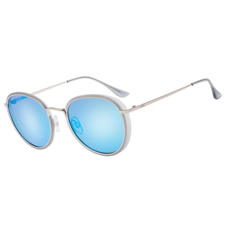 Ochelari de soare unisex GOG ELEKTRA polariizati, argintii cu lentile albastre, set cu etui din piele si servetel, 51-20-133mm