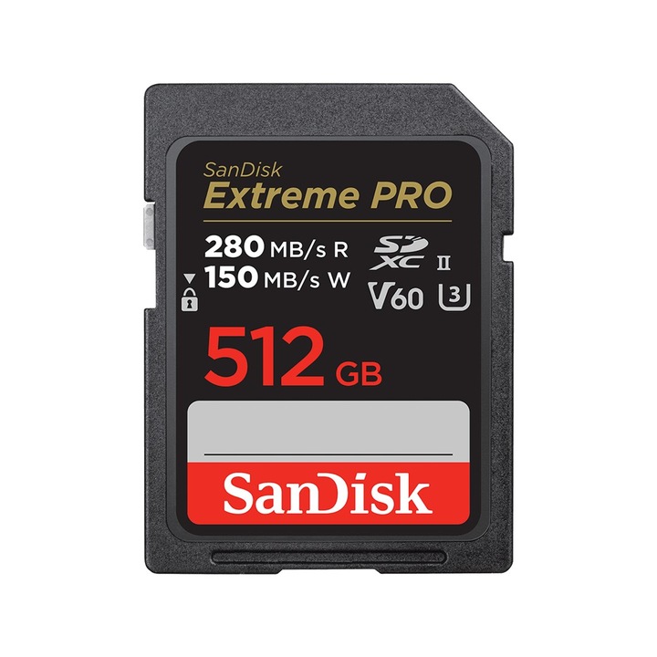 SanDisk Extreme Pro SDXC 512GB 280/150 MB/s карта памет, V60, черен, 24x32x2.1mm