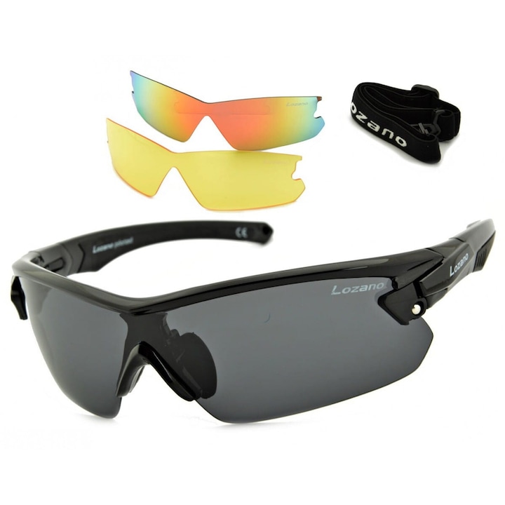 Ochelari sportivi Lozano LZ-129, lentile polaroid, lentile poliuretan, culoare neagra, set cu 3 accesorii