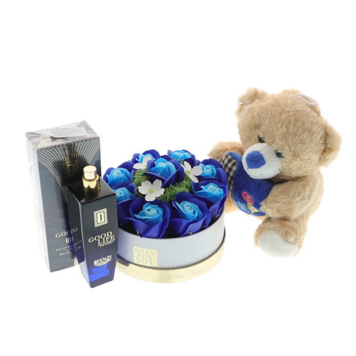 Set cadou cu ursulet, trandafiri si parfum 3 produse Albastru Marin