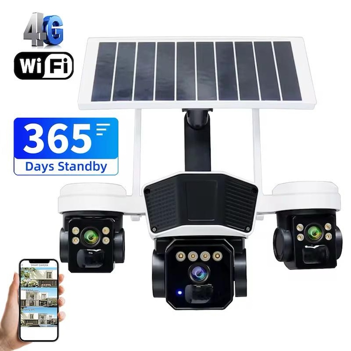 Kültéri térfigyelő kamera, 4G/Wifi napelemes krokodil multilencse, 12MP, 20W napelem, felhő és SD tároló, IP66 vízállóság, személykövetés