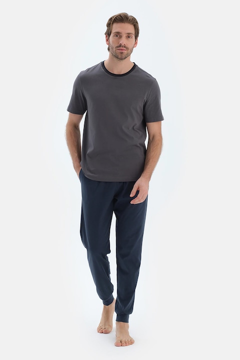 Dagi, Pijama lunga din bumbac, Albastru inchis/Gri antracit