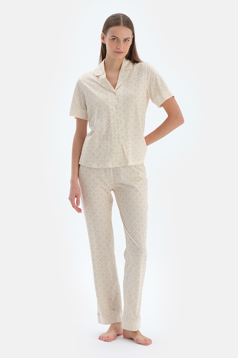 Dagi, Pijama din bumbac si modal cu model, Galben pal/Bej