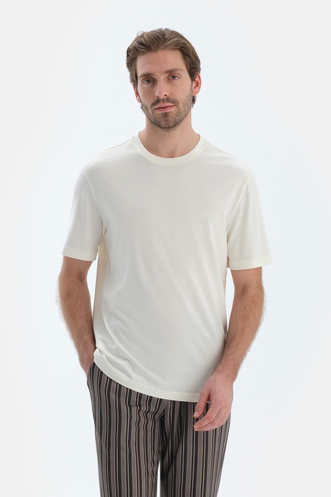 Dagi, Tricou de pijama din bumbac si modal cu model uni, Alb murdar