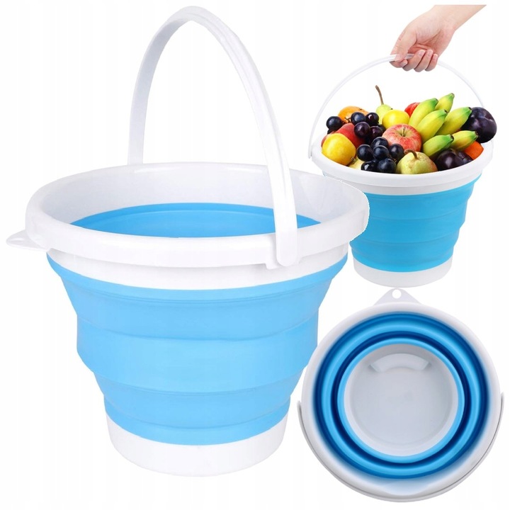 Galeata pliabila 5L, PrzydaSie, material plastic si silicon, albastra, dimensiuni 16x25cm, inaltime 5cm pliata, 20cm desfacuta