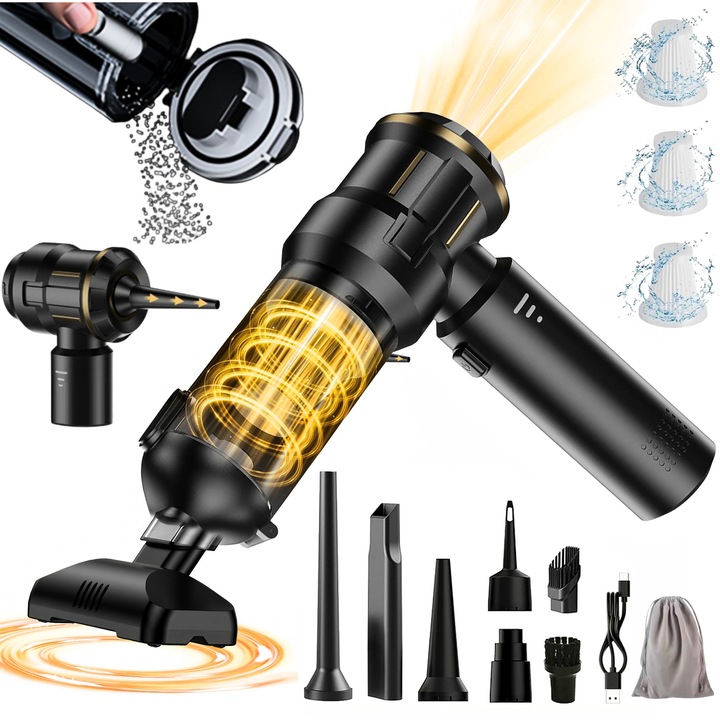 Aspirator Auto 4 In 1 Wireless Portabil, ESL By Essential Level®, 18000Pa, Motor Brushless 100W 90000RPM, 3 Viteze, Baterie 6000mAh, Golire Automata Prafului, 3 Filtre HEPA Incluse, Accesorii Multifunctionale, Pentru Masina Si Casa, Negru