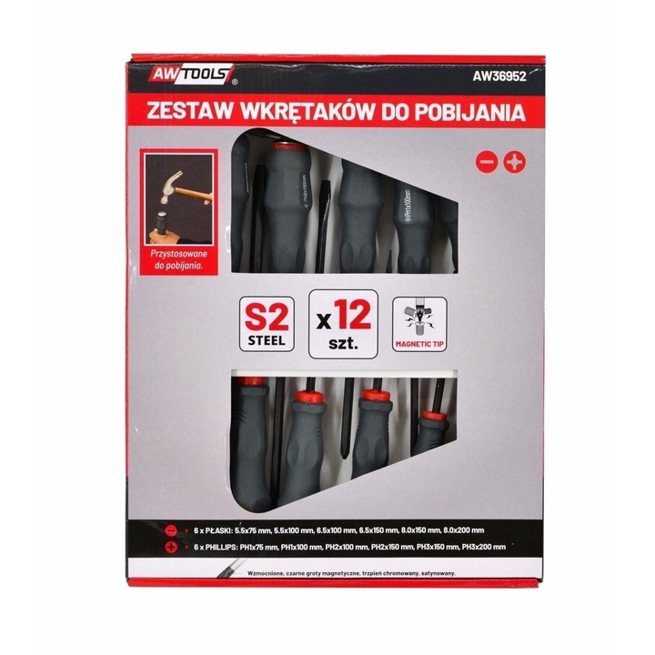 AwTools csavarhúzó készlet, 12 db, CrV S2 acélból, ergonomikus fogantyúval, többféle méretben