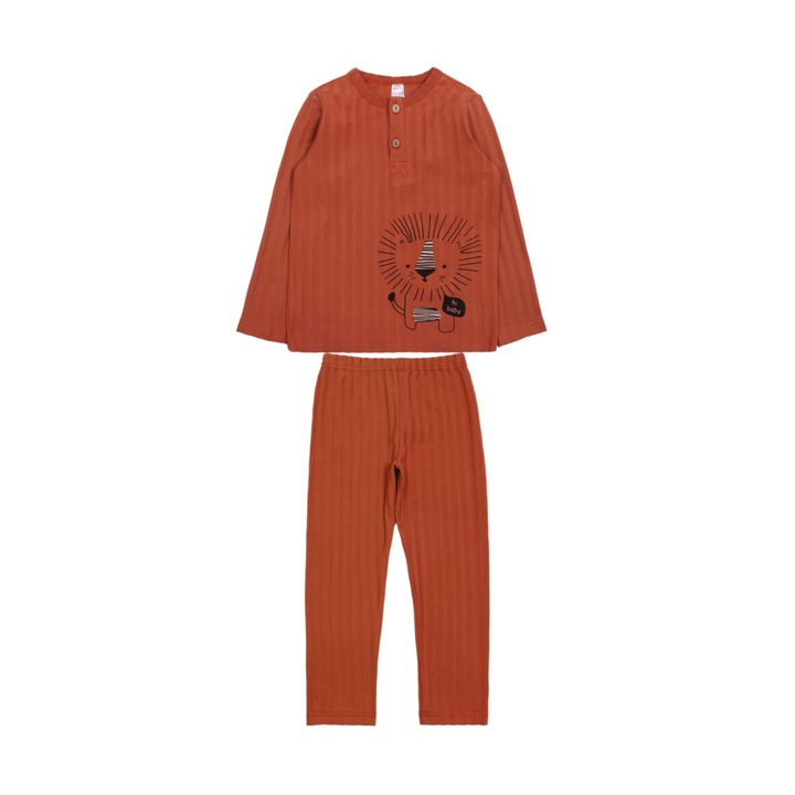 Gyermek pizsama, MODJEANS, oroszlan mintas, sarga, pamut, fiu szett (2-6 ev), Téglavörös