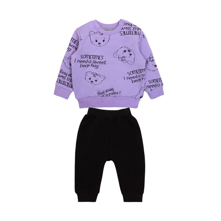 Compleu copii, MODJEANS, set 2 piese, imprimeu urs, lila, bumbac