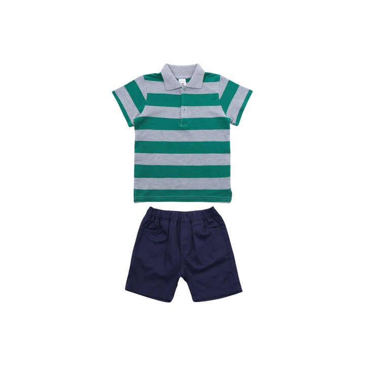 Set compleu baieti MODJEANS, tricou polo verde-gri cu dungi, pantaloni scurti bleumarin, bumbac, vara, 104 CM