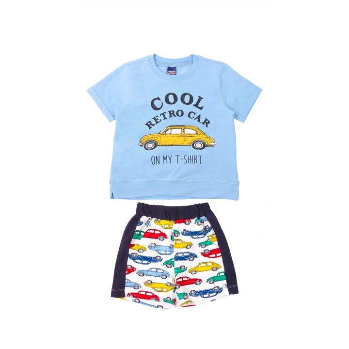 Set pentru baieti MODJEANS, Retro tricou grafica retro, pantaloni scurti, Albastru deschis