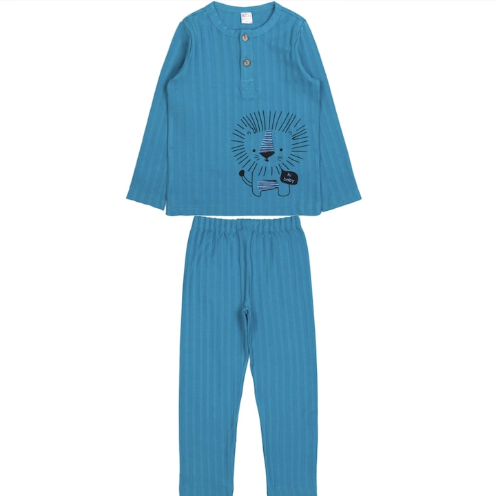 Pijamale copii, MODJEANS, cu imprimeu leu, galben, bumbac, set dla baieti (2-6 ani), Turcoaz