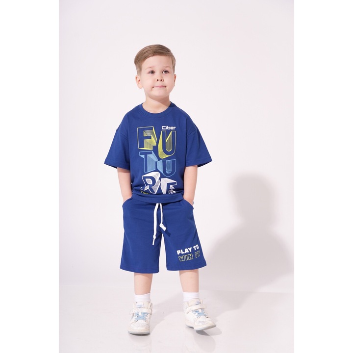 Set pentru copii MODJEANS, tricou scurt si pantaloni scurti, bumbac, albastru inchis, 3-7 ani