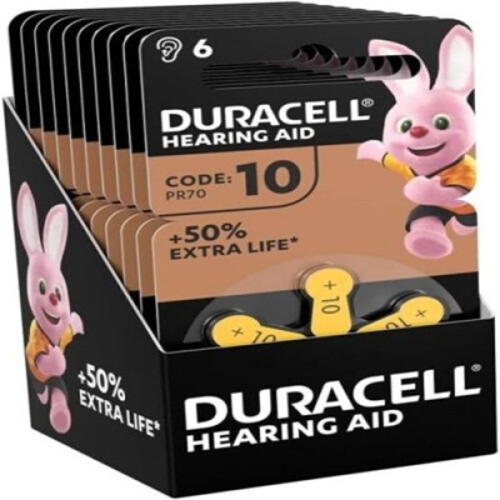 Baterii pentru aparate auditive Duracell, dimensiune 10, set 10 blisterex 6 bucati, Zinc Aer, EasyTab