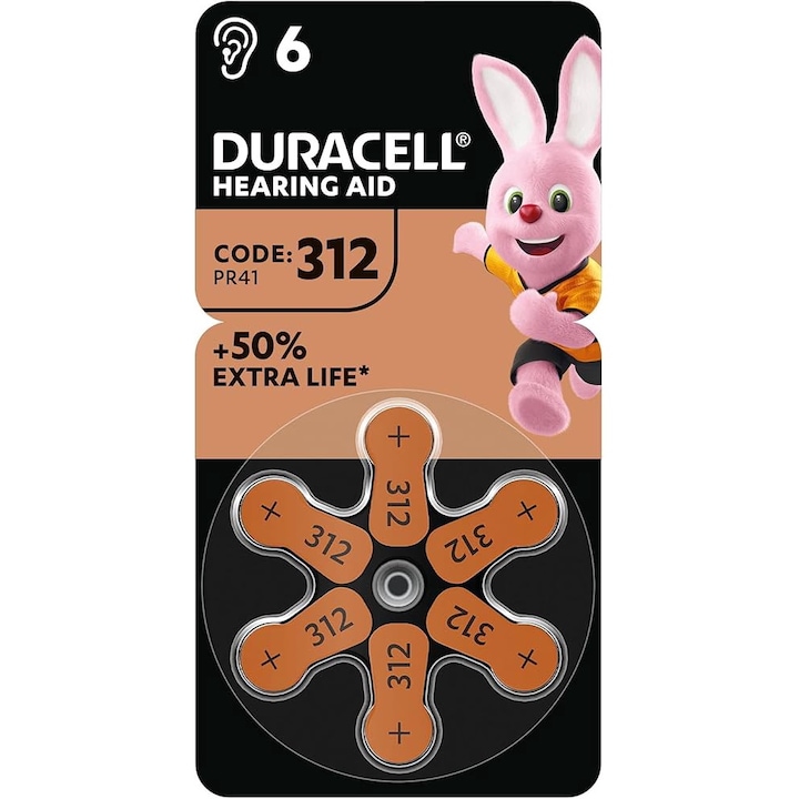 Baterii pentru aparate auditive Duracell, dimensiune 312, set 1 blisterx 6 bucati, Zinc Aer, EasyTab