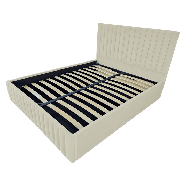 Pat tapitat Linnet,160x200cm, somiera metalica rabatabila, spatiu depozitare, bej nisip