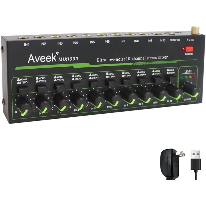 Mixer audio Aveek 10 canale, compact, 11 amplificatoare, 1/4" TRS, 3x8.6x1.1 inch