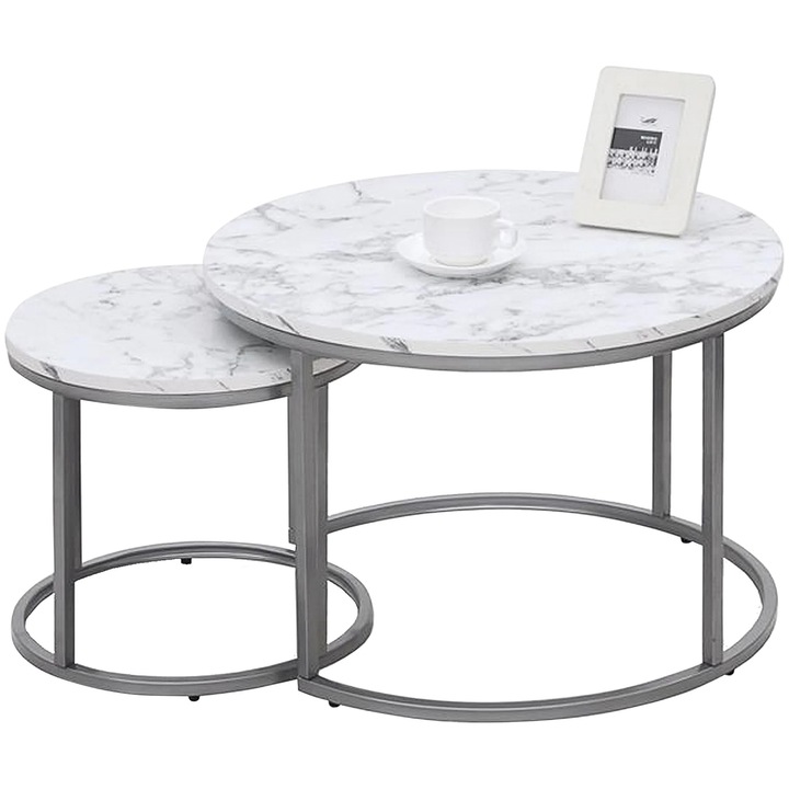 Set 2 masute cafea Paola, alb cu efect de marmura/argintiu