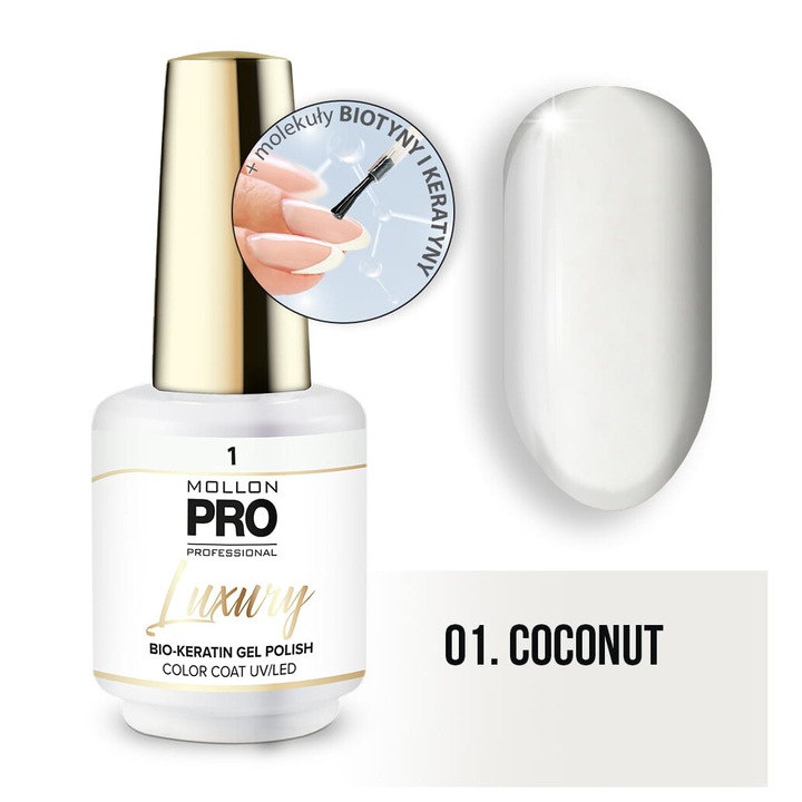 Oja hibrida 01 COCONUT, Mollon PRO, 8 ml, sistem 3-faze, rezistent la zgarieturi, alb