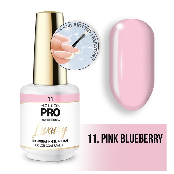 Oja hibrida 11 PINK BLUEBERRY, Mollon PRO, 8 ml, sistem 3-faze, rezistent la zgarieturi, roz