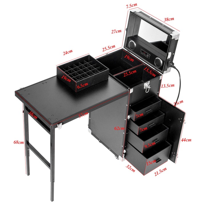 Masa mobila profesionala pentru manichiura, cu blatul extensibil, 2 carduri cadou de 150 zl fiecare, bluetooth, USB, neagra, 760x380x825mm