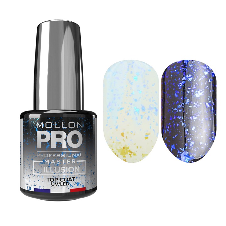 Top Coat Master ILLUSION No Wipe MOLLON, 12 ml, albastru, efect stralucitor, fara strat de dispersie