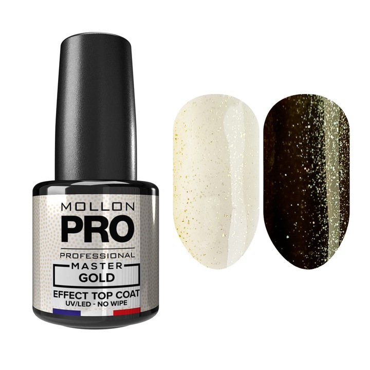 Oja top MOLLON MASTER GOLD EFFECT, 10ml, cu efect auriu, fara strat de dispersie