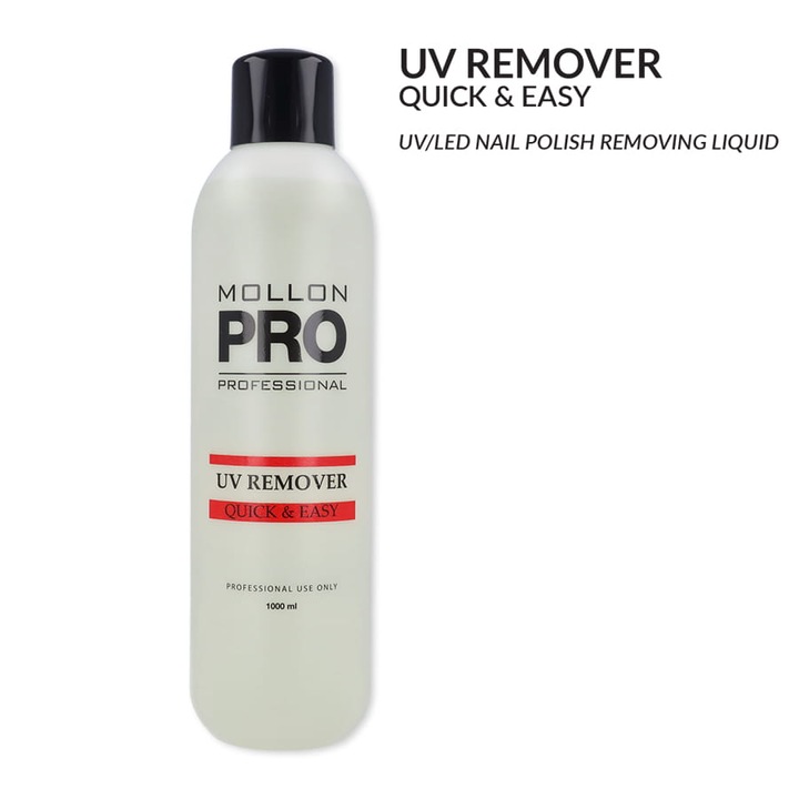 Dizolvant profesional pentru unghii MOLLON UV REMOVER QUICK & EASY, 1000 ml, cu lanolina si silicon, parfum de migdala
