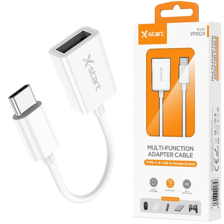 Адаптер X-Start YPX024, Type-C към USB, дължина 15 см, OTG трансфер на данни, силикон, бял