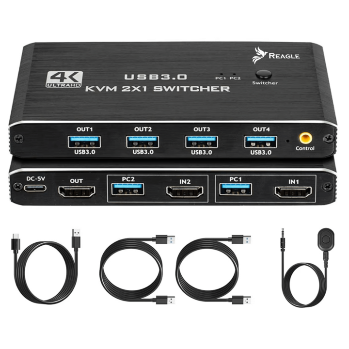 HDMI KVM kapcsoló 4K 60Hz, 2x1, HDMI 2.0, 4x USB 3.0, HDCP 2.2, fekete – Reagle