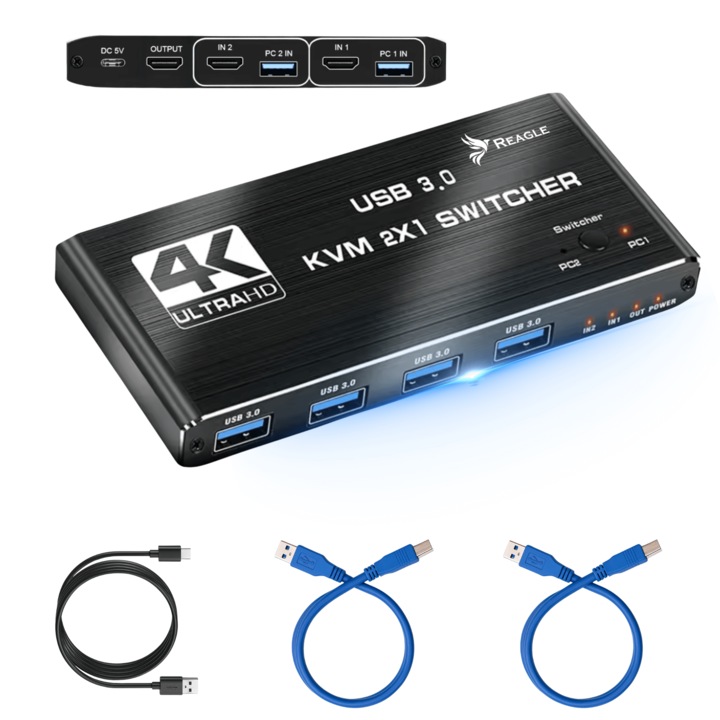 Comutator Switch HDMI KVM 4K 60Hz, 2x1, HDMI 2.0, 4x USB 3.0, HDCP 2.2, Negru – Reagle