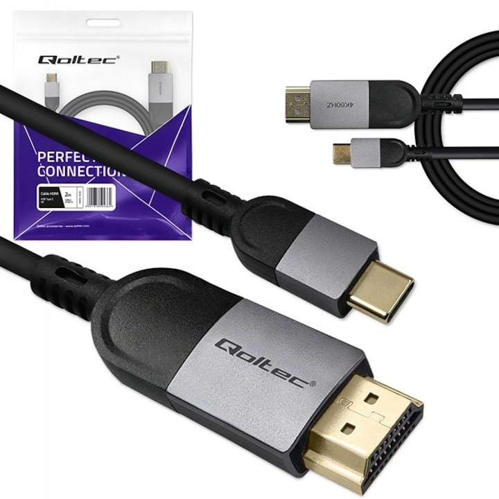 Cablu Adaptor USB-C la HDMI Qoltec 4K 60Hz, Viteza 18Gbps, 32AWG, Lungime 2m, Compatibilitate Larga, Plug & Play, Ideal Laptop, Tableta, Smartphone, Monitor, Proiector, Constructie Durabila, Transfer Stabil Video Audio, Carcasa Aluminiu