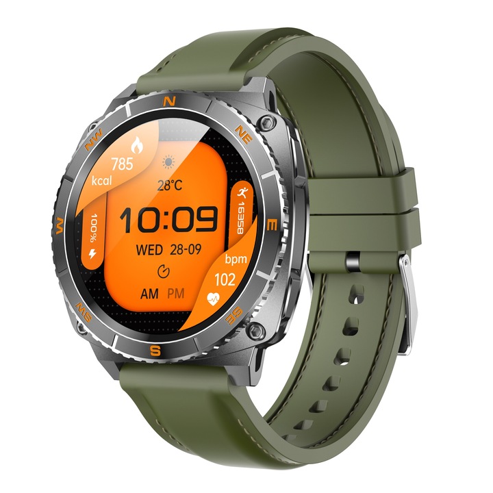 Ceas SmartWatch Premium cu ChatGPT, by VeReTech, Cadran Rotativ, Ecran Amoled de 1.43 inch, 466*466 Pixeli, IP68, Bluetooth 5.4, Spo2, Ritm Cardiac, Somn, 200 Moduri Sport, Comenzi Vocale prin AI, Apeluri Vocale, Notificari Social Media, Verde/Gri